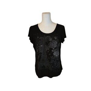 Women's Black VTG Beaded Graphic Top Size S/M Eiffel Tower 90s Y2k Grunge Casual